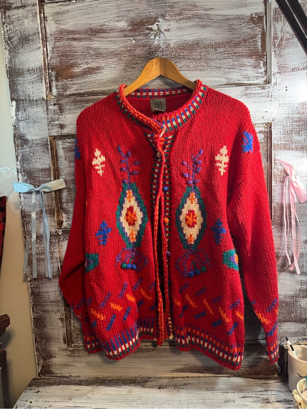 Vintage 80’s Bold Red Embroidered Knit Women's Cardigan